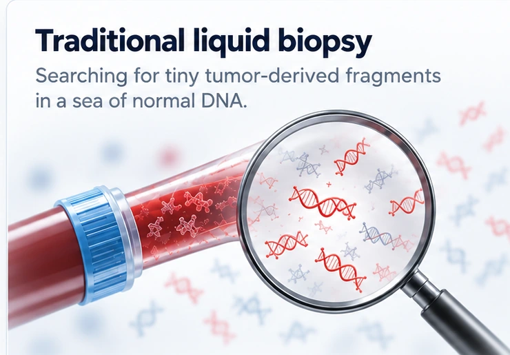Traditional liquid biopsy searches for tumor-derived fragments in blood