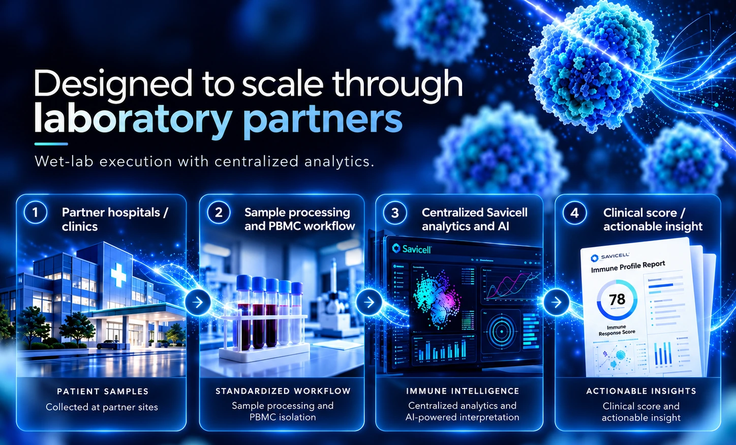 Illustrative Savicell partner laboratory workflow from hospital sample collection to centralized analytics