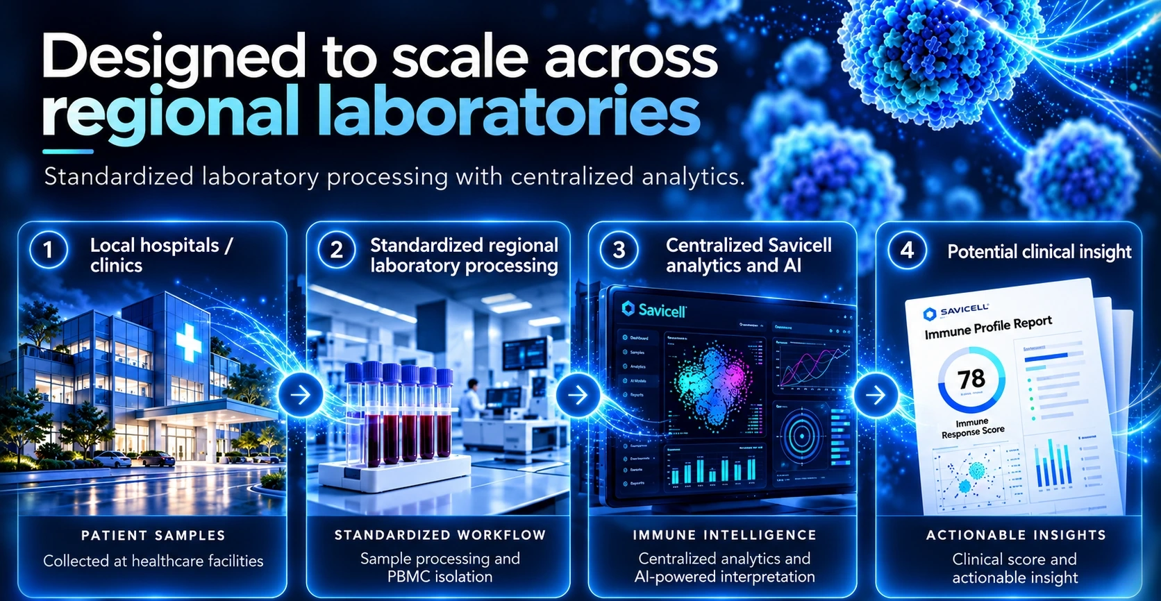 Illustration of Savicell’s planned regional deployment model: local hospitals and clinics, standardized regional laboratory processing, centralized Savicell analytics, and potential clinical insight